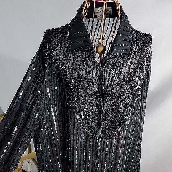 Long Black Beaded & Sequined Sheer Sparkly Holiday Snap Button Jacket Size1X - Picture 6 of 16